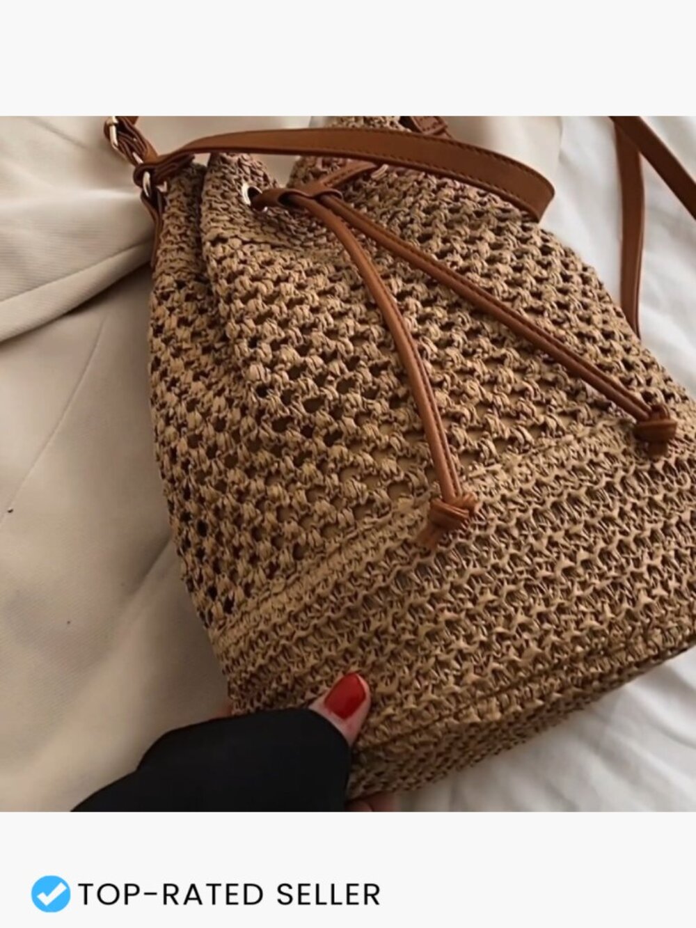 Woven Straw Bucket Bag Summer Fashion Handbag Crossbody Hobo Drawstring Purse - Picture 7 of 7